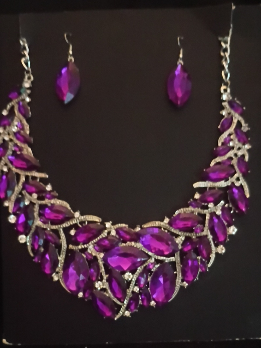 Statement Purple Crystal Bib Necklace and Earrings Set